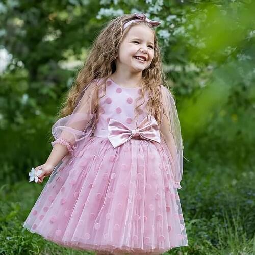 Princess Girl Long Sleeves Dress Flower Wedding Dress Tulle Polka Dots Kids Dresses For Girls Children Party Frocks Formal Gown