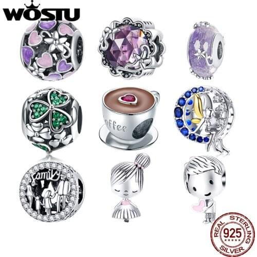 WOSTU Authentic 925 Sterling Silver Purple Glass Ball Beads Charms Pendant Fit Original Bracelets Women DIY Fine Jewelry Gift