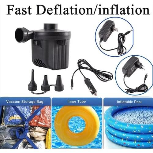 Portable Electric Air Pump EU/US 2 Pin Plug Quick Fill Inflatable Inflator Deflator 3 Nozzles Black for Indoor Outdoor
