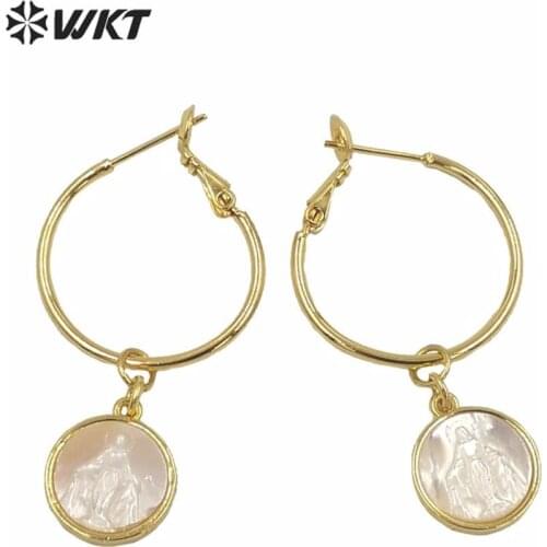 MPE047 Exclusive design women jewelry earrings big ring hoop dangle lady earring round shell virgin mary religious shell earring