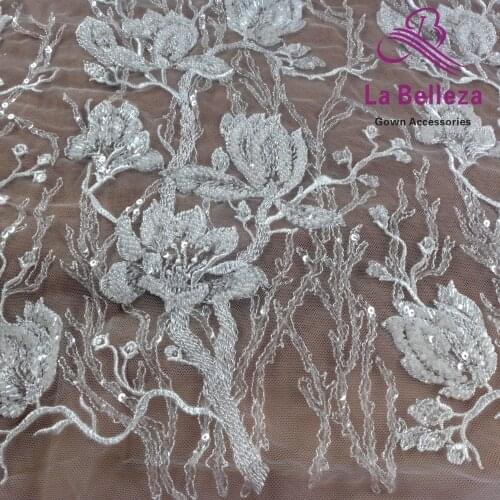 New 1 yard Ivory bridal fabric, sequins beads embroidery wedding dress lace fabric,flowers leaves gown lace,ivory gown lace