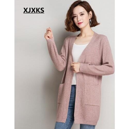 XJXKS 2020 autumn winter new fashion V-neck women cardigan high-end wool knitted long sweater women cardigan coat