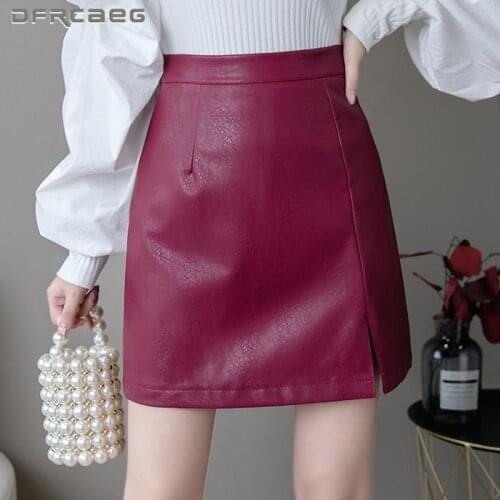 Wine Red Black Autumn Winter Womens A-line Leather Skirts 2021 Casual Retro Sexy Split Slim Short Pu Skirt Female