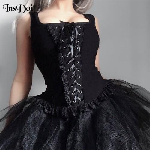 InsDoit Gothic Clothes Women Black Bandage Tank Tops Grunge Sexy Vintage Lace Crop Top Streetwear Sleeveless Ruffle Summer Tops