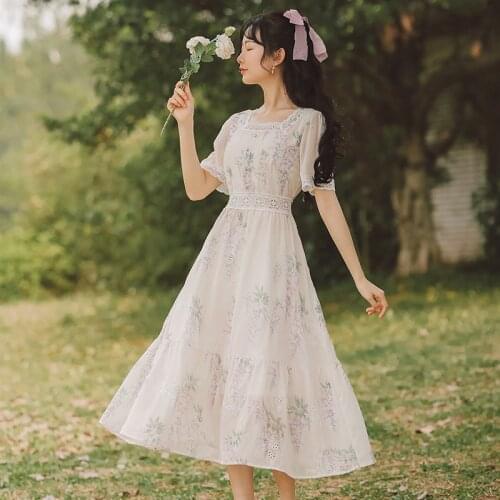 Fairy Dress Women Summer Vestido 2021 French Vintage Embroidery Printed Chiffon Lace Short Sleeve Hollow Sweet Elegant Dresses