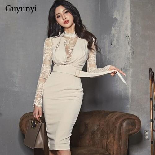 White Sexy Party Dress 2020 Summer High Waist Perspective Lace V-Neck Halter Long Sleeve Temperament Elegant Office Dress Women