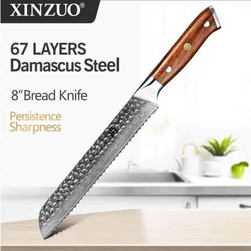 XINZUO 8'' inch Serrated Knife 67 layer Damascus Steel Japanese VG10 Steel Core Blade Damascus Cut Razor Sharp Chefs Kitchen