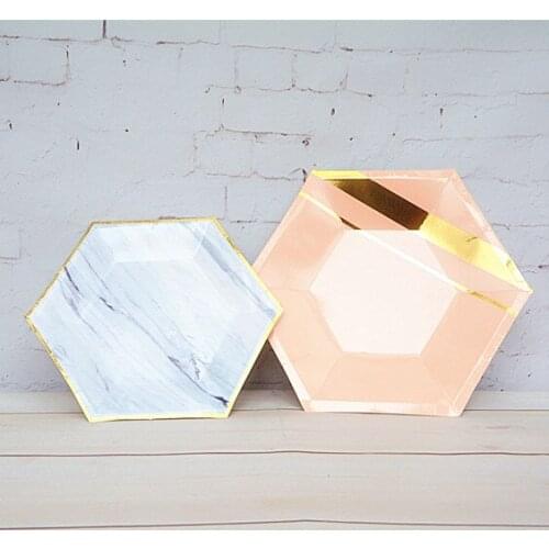 32pcs 9inch (23cm) Gold Blush Pink Paper Plates 7inch Hexagon Marble Dessert Table Cake Plates Baby Shower New Years Eve Decor