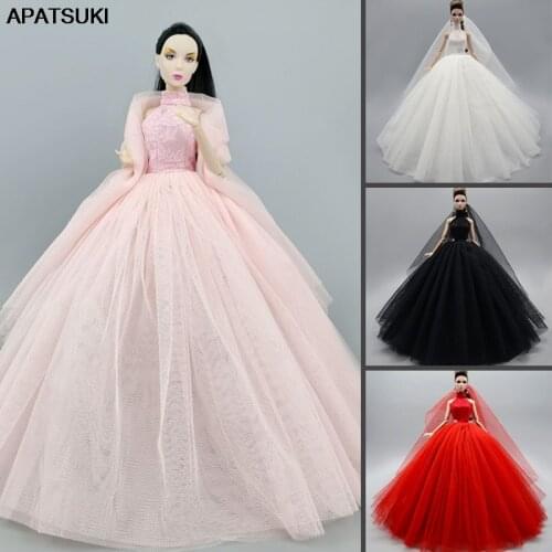 4pcs/lot High Neck Fashion Wedding Dresses For Barbie Doll Outfits Princess Evening Party Gown Long Dress Doll Clothes & Veil