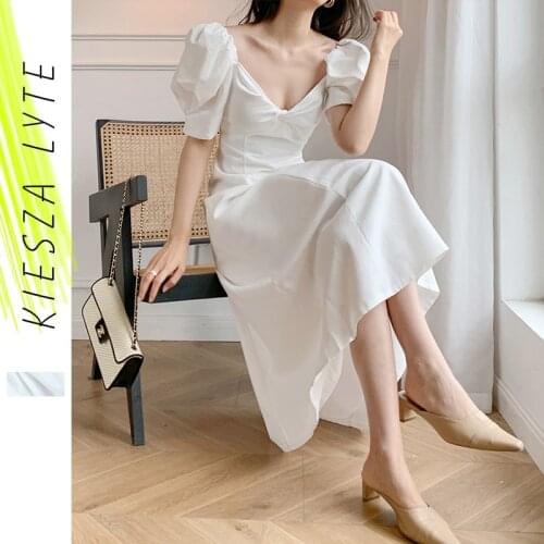 White Dress Puffed Sleeve 2021 New Summer French Style Vacation Elegant Office Lady Party V-neck Dresses