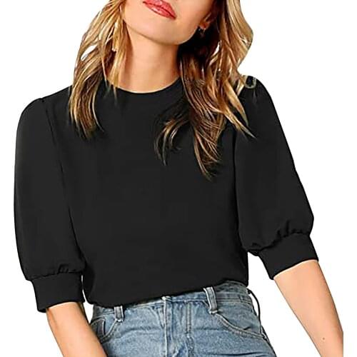 Black Shirts For Ladies 2021 Summer Fashion Clothes Blusas Womens Casual Puff Sleeve Solid Color Pullover Back O-neck Blouse
