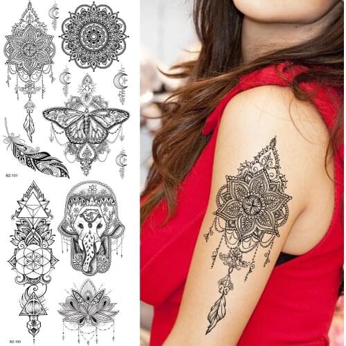 GoldOcean Arm Mandala Henna India Flower Temporary Tattoo Stickers Black Moth Chains Chest Tato Crescent Body Art Feather Tattoo
