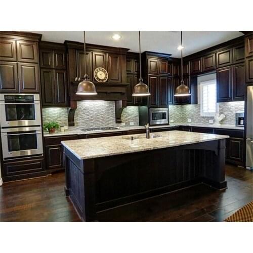 Solid wood kitchen cabinet with a breakfast bar and bar chairs
