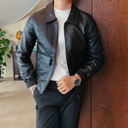 Korean Autumn Winter Big Pockets Turn Down Collar PU Leather Motorcycle Jackets Men Clothes 2020 Slim Fit Solid Casual Coats 3XL