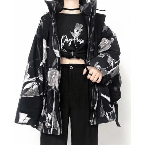 Gothic zipper jacket coat Korean vintage Harajuku rose graphic print long-sleeved hoodie streetwear punk Oversized outerwear