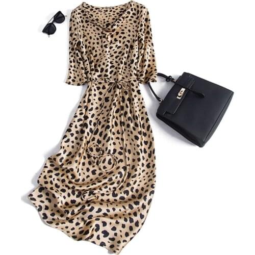 Fashionable Silk Slim Leopard Print Mid-Sleeve Womens Dress For Spring And Summer 2021 New Comfort