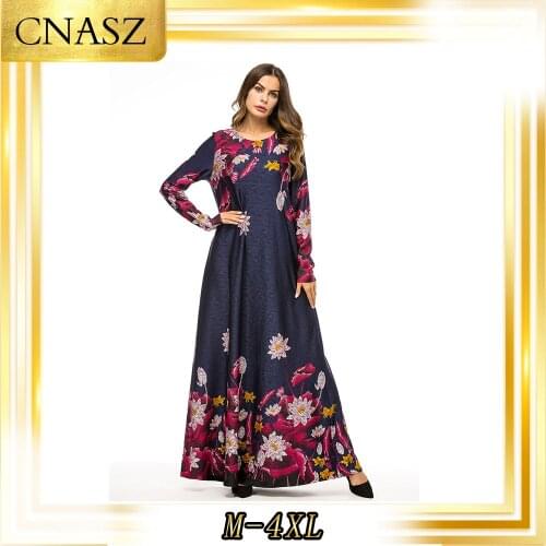 Muslim Dress Vetement femme 2019 Autumn Clothing Long Skirt Long Sleeve High Waist Knit Printed Dubai Dress