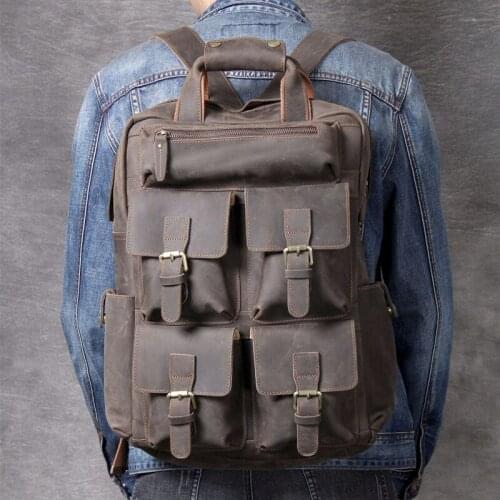 Men Backpack Retro Leather Laptop Backpack Male Schoolbag Travel Bag 2020 Large Capacity First Layer Cowhide Crazy Horse Leather