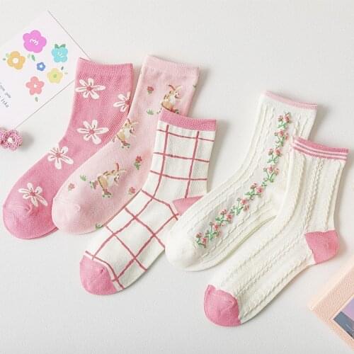 Spring summer new Korean version of Socks womens Kawaii cute flowers sweet Womens socks fashion Japanese lattice Maiden Socks