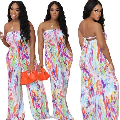 Charming Women Tie-Dye Printing Strapless Jumpsuits 2021 Summer Sexy Backless Lace-up Sleeveless Loose Rompers New Arrivals