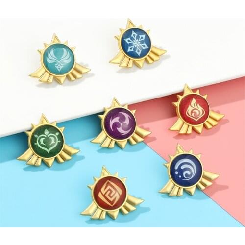 Wholesale 10pcs/lot Game Genshin Impact Element Metal Brooch Round Eye of God Rock Fire Wind Ice Element Cosplay Accessories