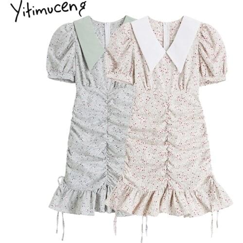 Yitimuceng Floral Print Dresses Women Summer Shirring Ruffles High Waist Puff Sleeve Trumpet Slim 2021 Fashion New Sundress