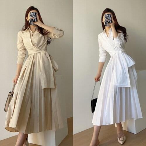 Dresses Korean Chic Casual White Long Sleeve Turn Down Collar Shirts Dress Women Elegant Lace Up Mid Length Loose Vestido