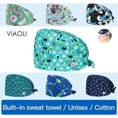 Viaoli High Quality cartoon printing Breathable cotton Adjustable Scrubs Cap Button cap work hats Scrub Cap for Male and Women