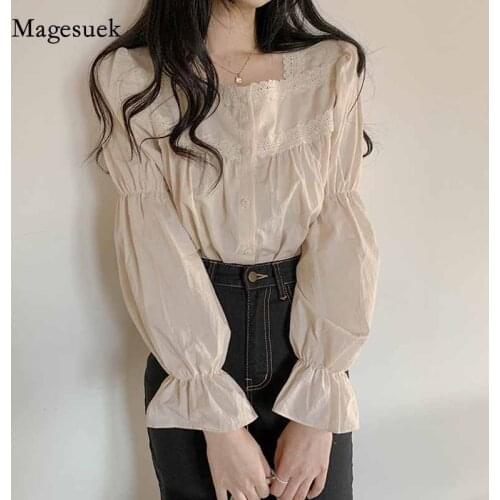 Vintage 2021 Autumn Slim Long Puff Sleeve Square Collar Women Blouse Lace Side Solid Cardigan Sweet Shirts Blusas Mujer 11200
