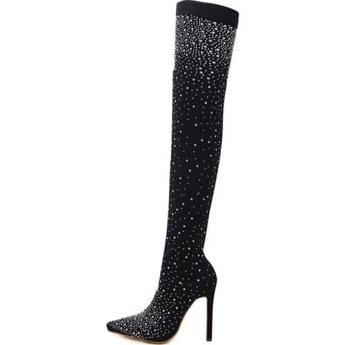 2021 Fashion Runway Crystal Stretch Fabric Sock Boots Pointy Toe Over-the-Knee Heel Thigh High Pointed Toe Woman Boots
