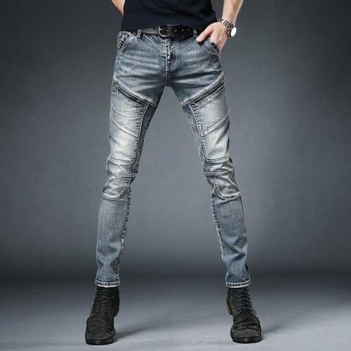 Free shipping new fashion mens male autumn winter pants ins retro fashion jeans stitching zipper multi-pocket slim overalls