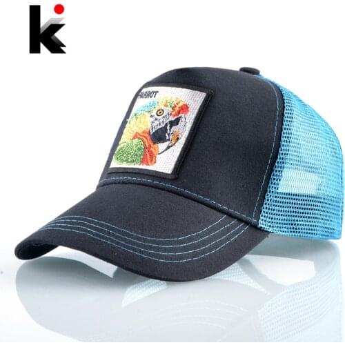 Breathable Mesh Baseball Cap Snapback Trucker Caps Men Parrot Patch Visor Baseball Hat Women Outdoor Streetwear Hip Hop Bones