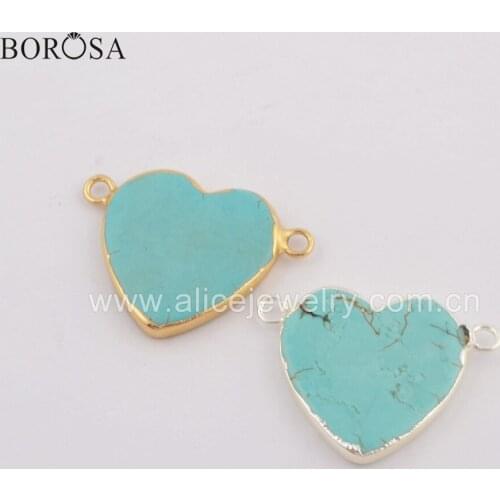 BOROSA Heart Shape Gold Filled Blue Howlite Connector Silver Plated Double Charms for Necklace Jewelry Handmade G1782