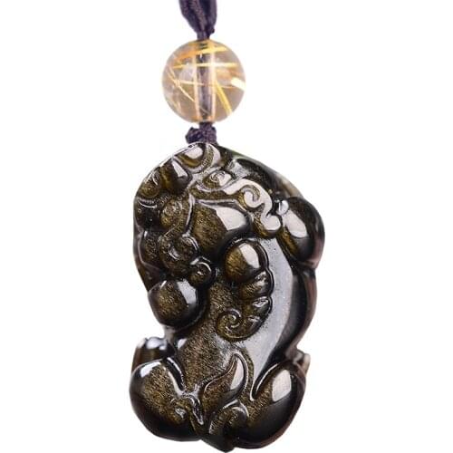 Gold Black Natural Obsidian Stone Pendant Carved Pi Xiu Lucky Amulet Business Pendant Necklace For Women Men Pendants Wholesale