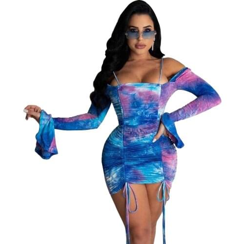 Famle Clother Casual Long Sleeve Vestidos Midi, Fashion Printing Off-shoulder Drawstring Skinny Short Dress for Women Party