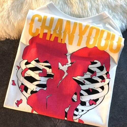 Cotton summer love print O neck clothes Korean Tshirt loose top short-sleeved white t-shirt Harajuku Casual vintage size women