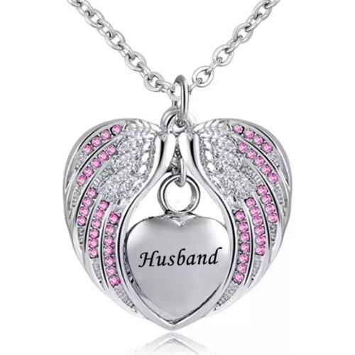 JJ001 Pink Crystal Angel Wing Hold Heart Urn Necklace For Ashes - Free Engraving Stainless Steel Cremation Memorial jewelry