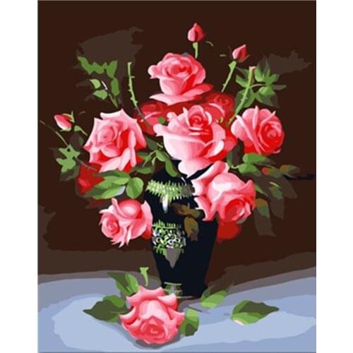 Painting By Numbers DIY Dropshipping 40x50 50x65cm Pink flower and black vase Flower Canvas Wedding Decoration Art picture Gift