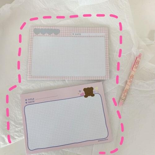 Korean Ins Pink Grid Cute Bear Memo Pad 30 Sheets A5 Crosswise Student Learning Note Paper Leave A Message Kawaii Stationery