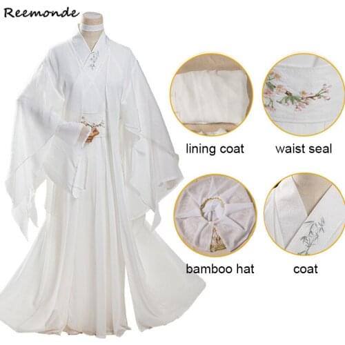 Anime Tian Guan Ci Fu Cosplay Costume Xie Lian Cos Antiquity Han Fu Kimono Dosa Hat Props White Outfits Synthetic Wigs Shoes Cos