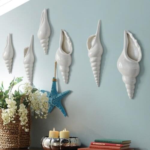 Set 2 Modern White Ceramic Sea Shell Conch Flower Vase Wall Hanging Decor for Home Living Room Office Shop Cafe Ornament
