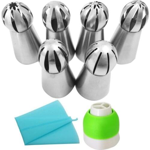 Russian Piping Tips Set- 6pcs Sphere Ball Tips + 1 Tri-color Coupler + 1 Reusable Pastry Bag - Large Size Baking Tool