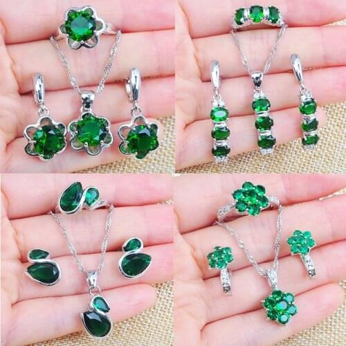 Russian Style 925 Silver CZ Engagement Jewelry Sets Green Crystal Earrings For Women Accessories Ring Necklace Pendant TZ0108