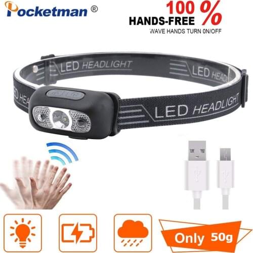 Free ship 8000Lm Motion Sensor Head lamp 5 modes headlamp with battery built in with USB cable headlight for running hungting