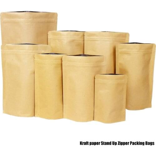New 100pcs In/ 11sizes Kraft Paper Brown Packaging Bag Stand Up Packing Bags Top Zipper Lock Retailer Package Free Shipping