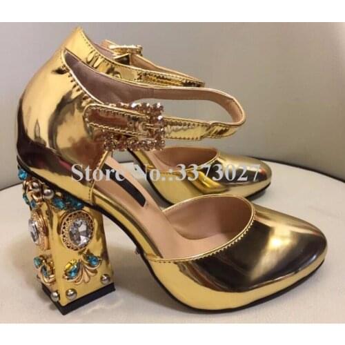 New Gold Color Rhinestone Chunky Heels Lady Sandals Jeweled High Heels Pumps Women Crystal Buckle Wedding Shoes Mujer Party Shoe