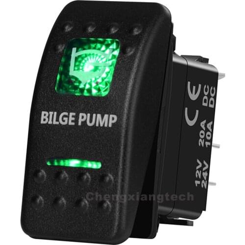 Bilge Pump 5 Pin On Off Green Led Backlit Printed Rocker Switch for Car Boat Truck 12v 24v SPST Waterproof