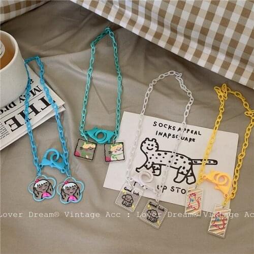 VSnow Korean Sweet Cute Flower Geometric Cat Dog Arcylic Pendant Necklace for Women Chunky Chain Lobster Clasp Necklace Jewelry