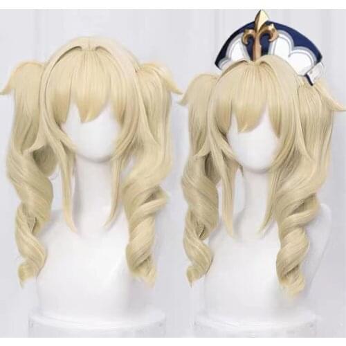 Genshin Impact Cosplay Pale Blond Golden Long Curly Twin Ponytails Cosplay Anime Wigs Heat Resistant Synthetic Wigs Halloween