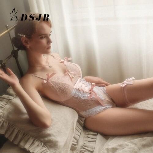 Perspective Sleevless Lady Slim Cute Bow Lace Garter Bodysuit Maid Cosplay Genie Crotchless Jumpsuit Home Hot Suit for Lover